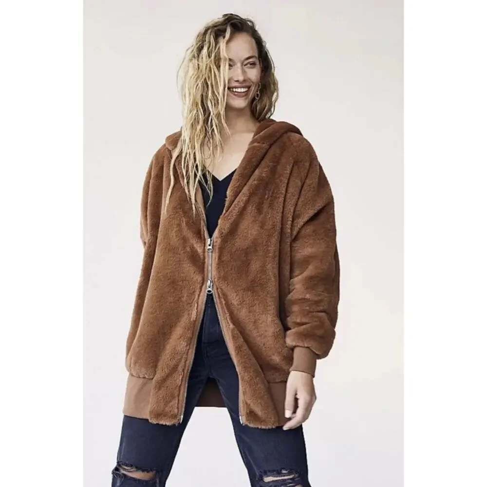 FREE PEOPLE Oversized Brown Faux Fur Hoodie Jacket Coat Size Medium